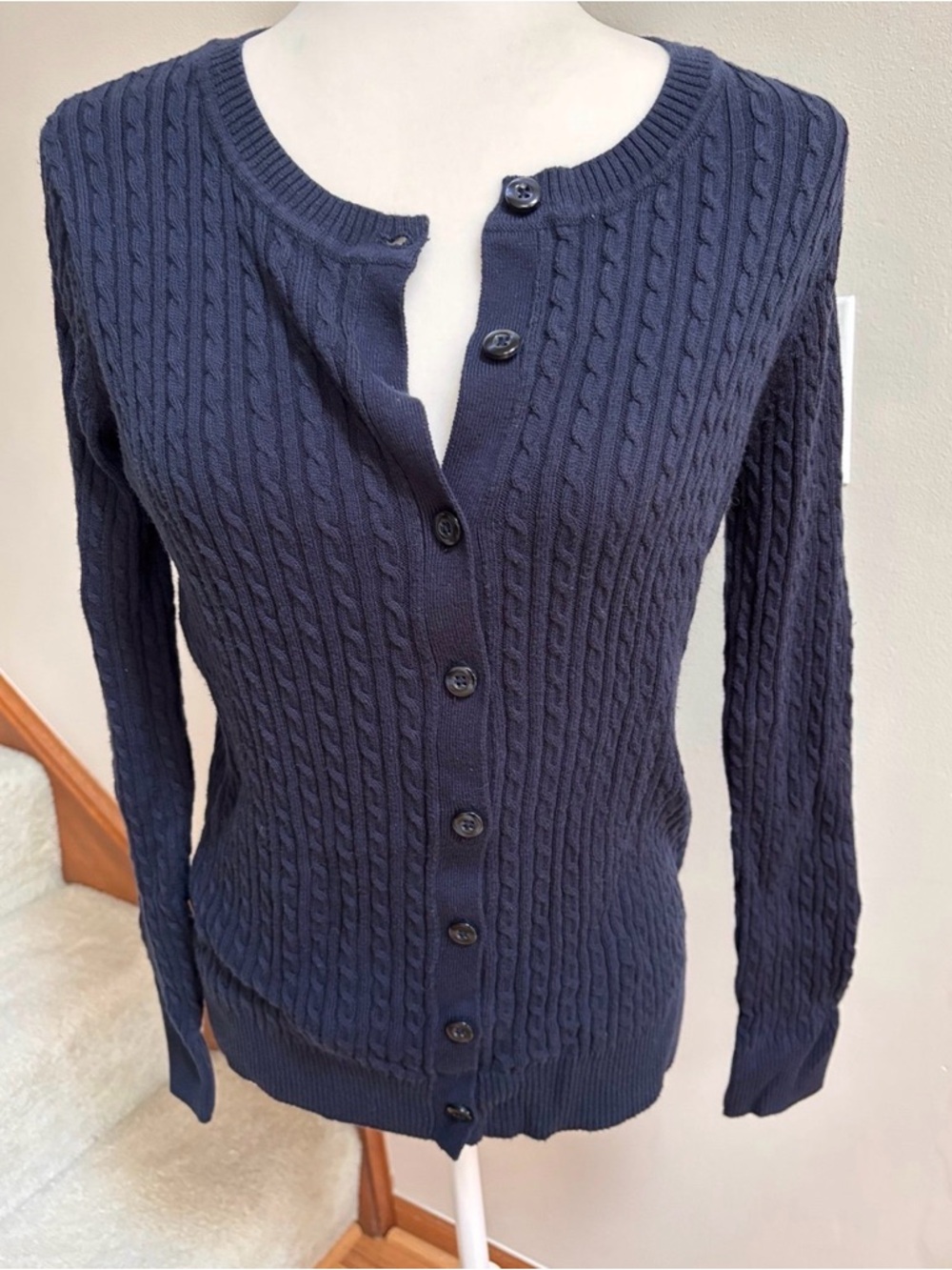 Laura Scott Navy Blue Cardigan Cable knit Sweater Women’s Size Petite Large